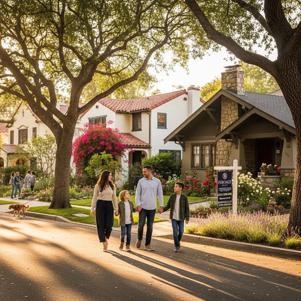 Family exploring a Glendale neighborhood with charming homes and tree-lined streets