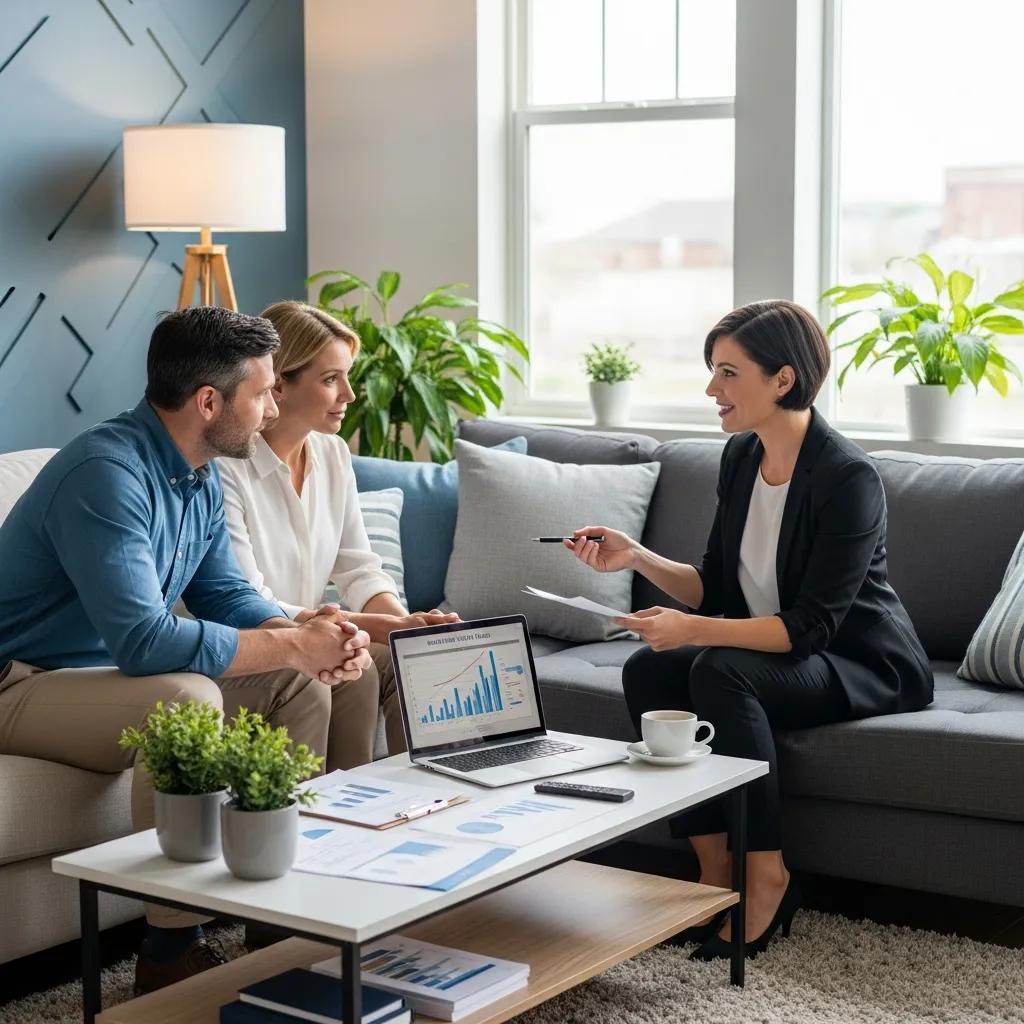 Financial advisor explaining hard money loan mechanics to a couple in a living room