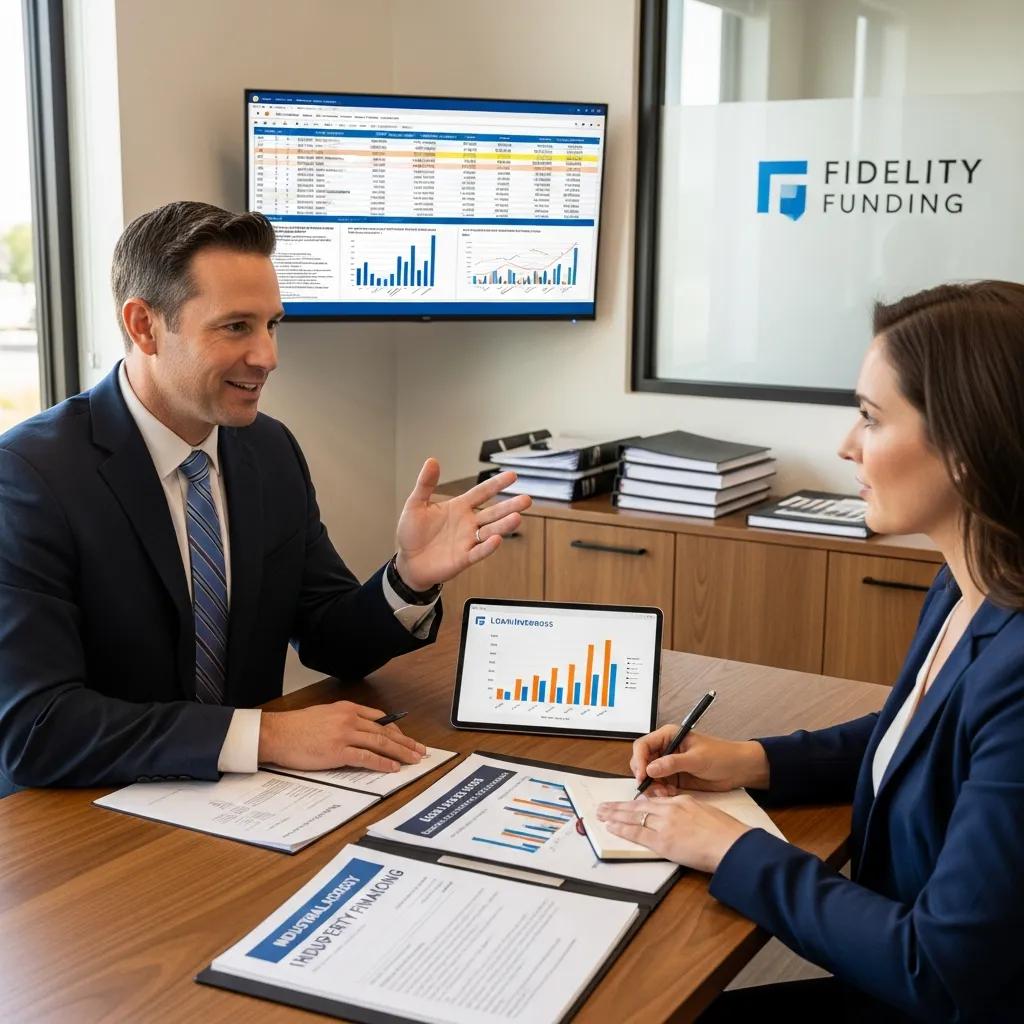 Advisor discussing industrial loan options with a client in an office