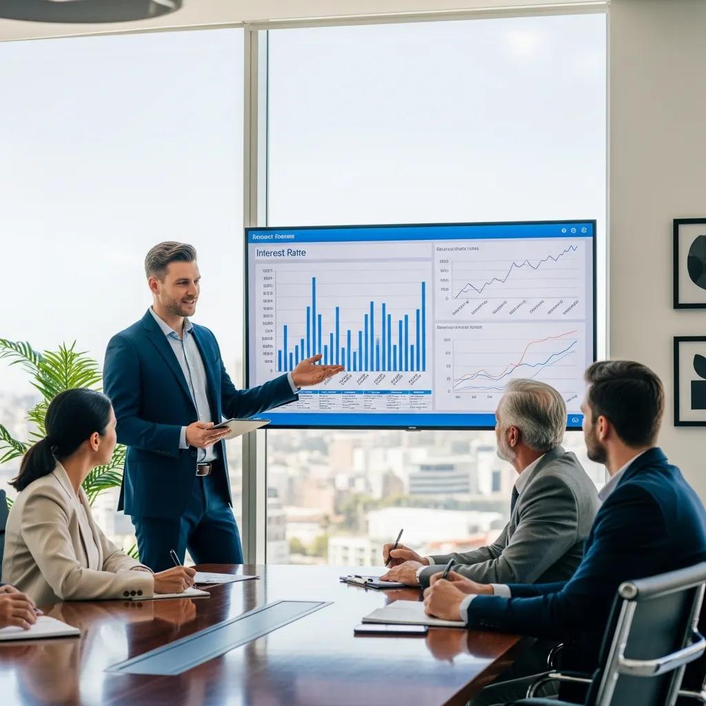Analyst explaining interest rate trends to investors
