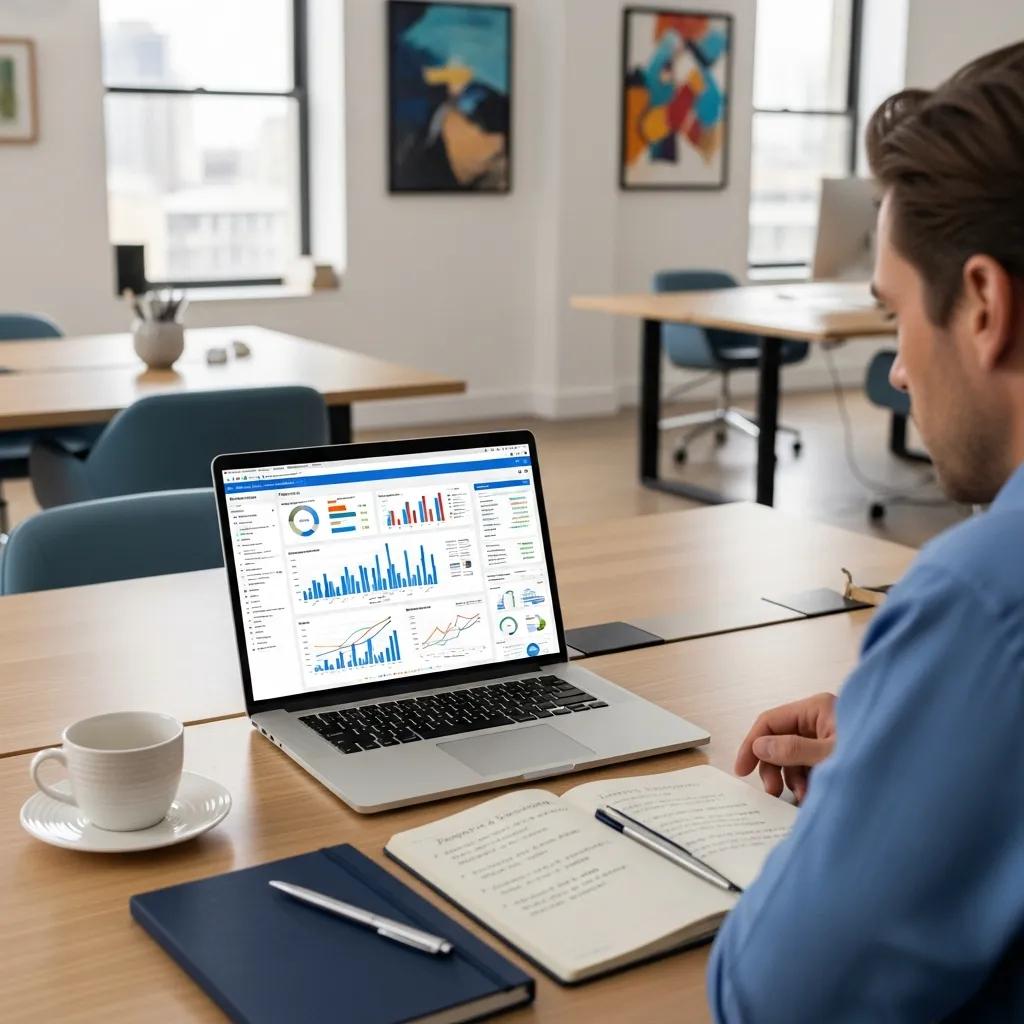Analyst reviewing property financials on a laptop