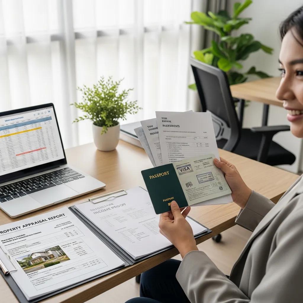 Foreign investor organizing documents for a hard money loan application with a loan officer