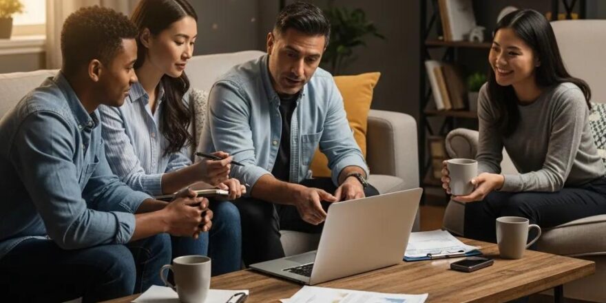 Group discussing hard money loans in a cozy living room, emphasizing real estate financing