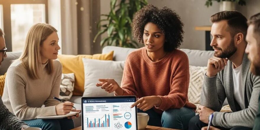 Group discussing real estate financing with a laptop in a cozy setting