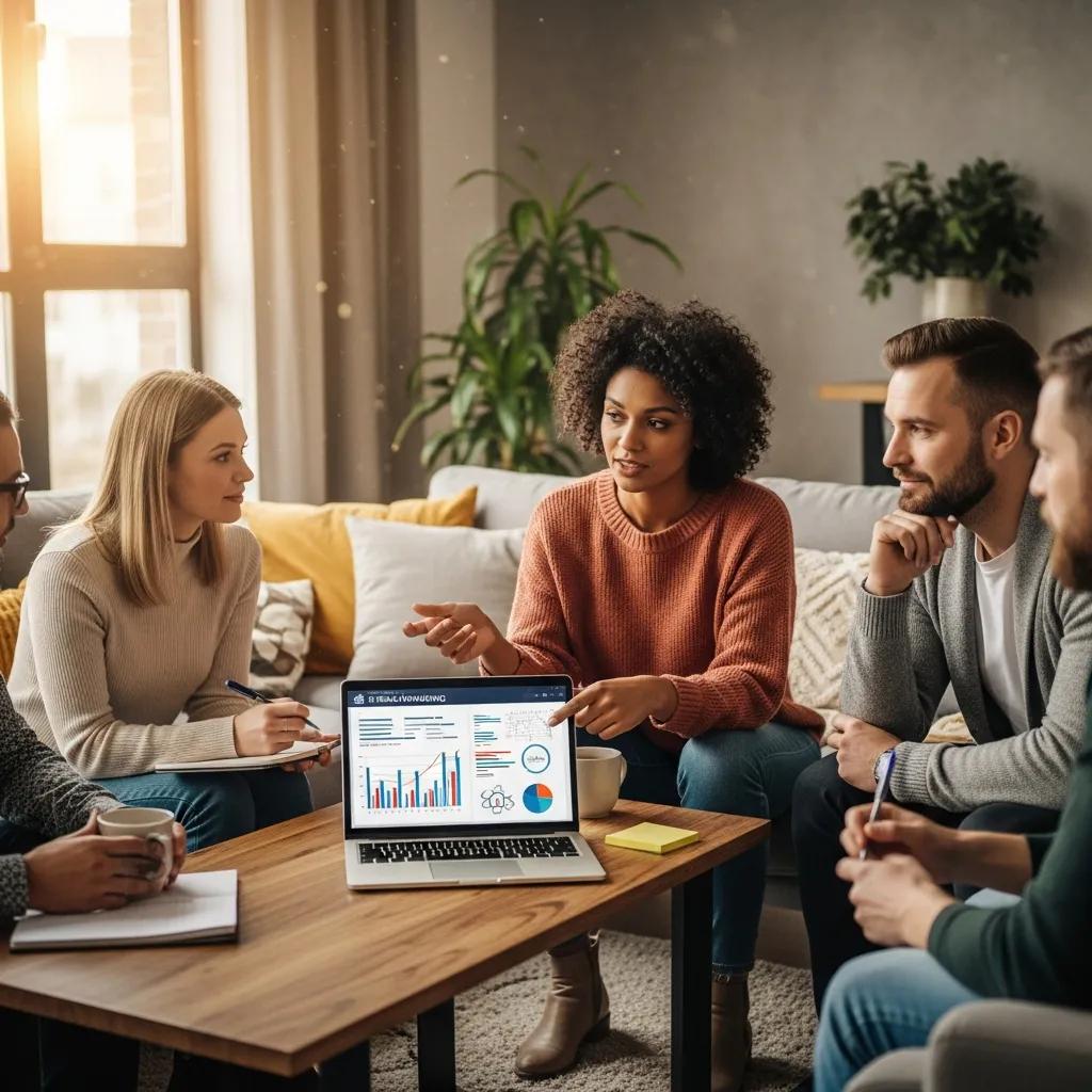 Group discussing real estate financing with a laptop in a cozy setting