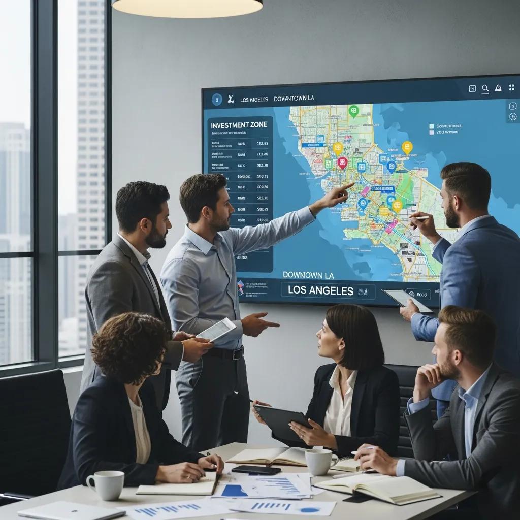 Investors reviewing LA market maps and strategy