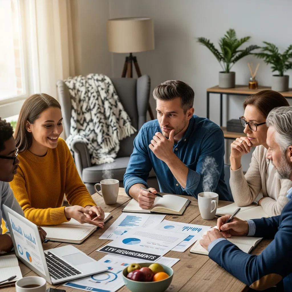 Real estate investors reviewing documents and strategies around a laptop