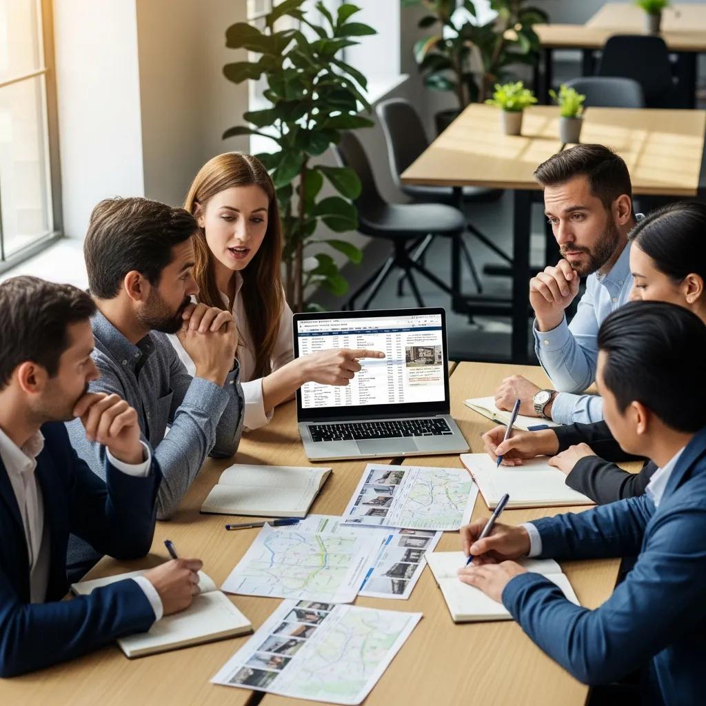Small group reviewing rental investment strategies and growth plans, emphasizing collaboration and financial planning