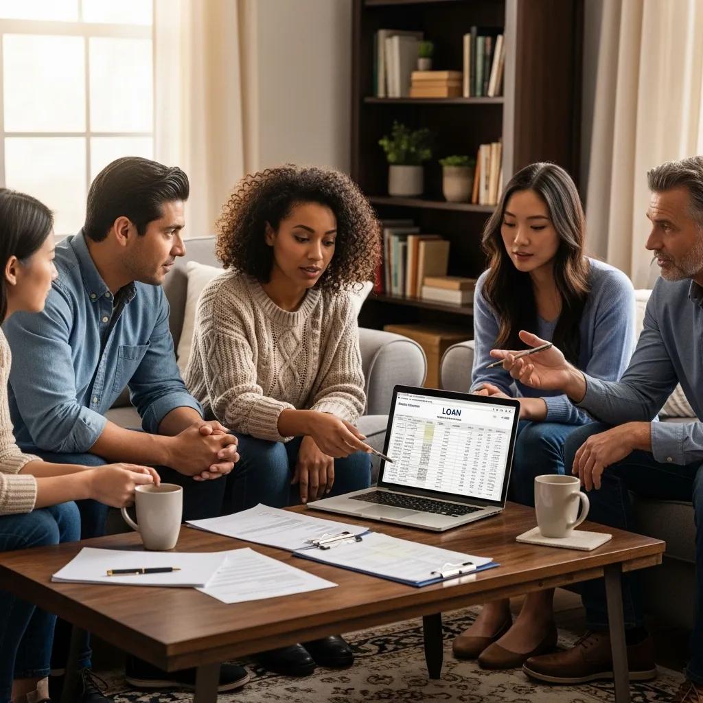 Group of diverse individuals discussing hard money loans in a cozy living room