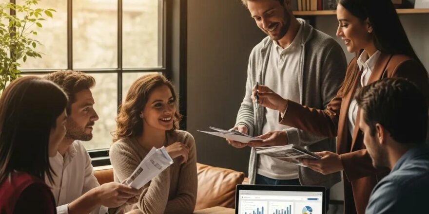 Group of diverse individuals discussing real estate investment in a cozy office setting