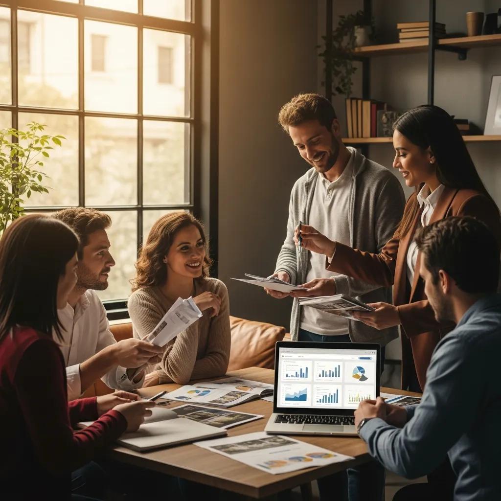 Group of diverse individuals discussing real estate investment in a cozy office setting