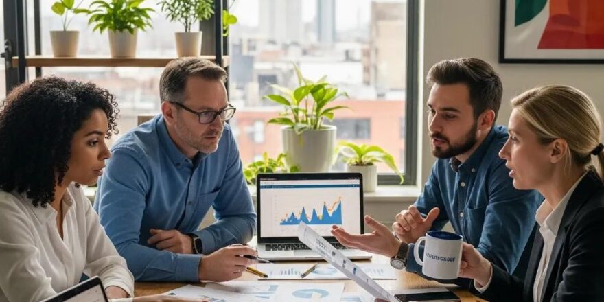 Group of diverse individuals discussing real estate investment strategies in a cozy office setting