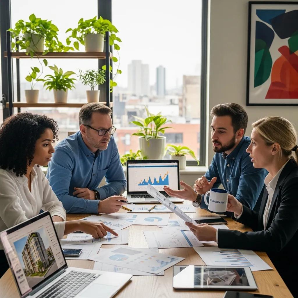 Group of diverse individuals discussing real estate investment strategies in a cozy office setting