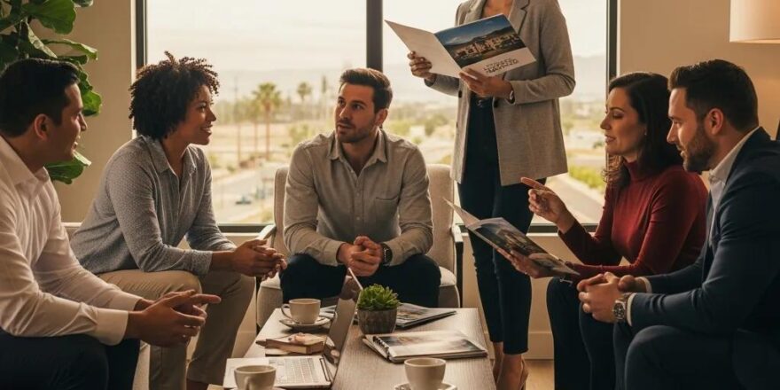 Group of diverse investors discussing real estate opportunities in a modern office with a view of the Inland Empire
