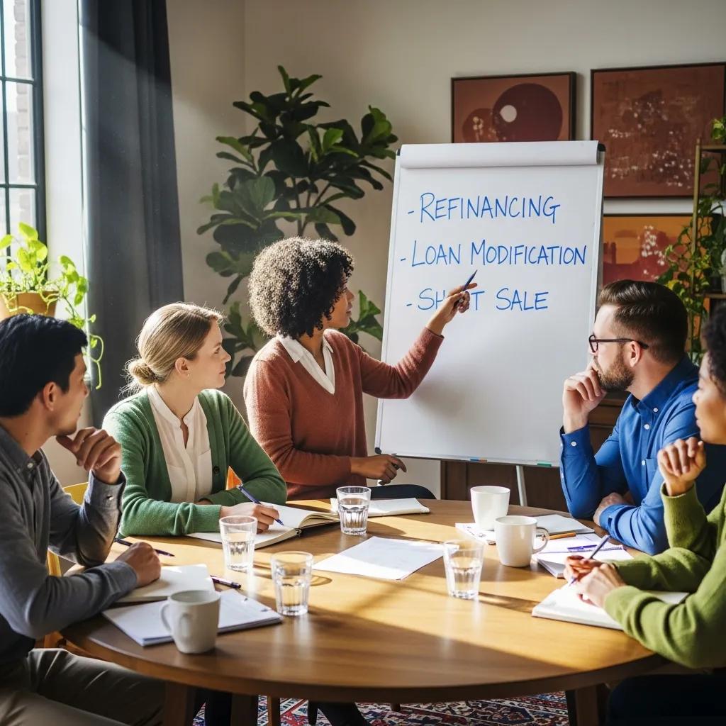 Team discussing financial options and strategies to address hard money loan defaults