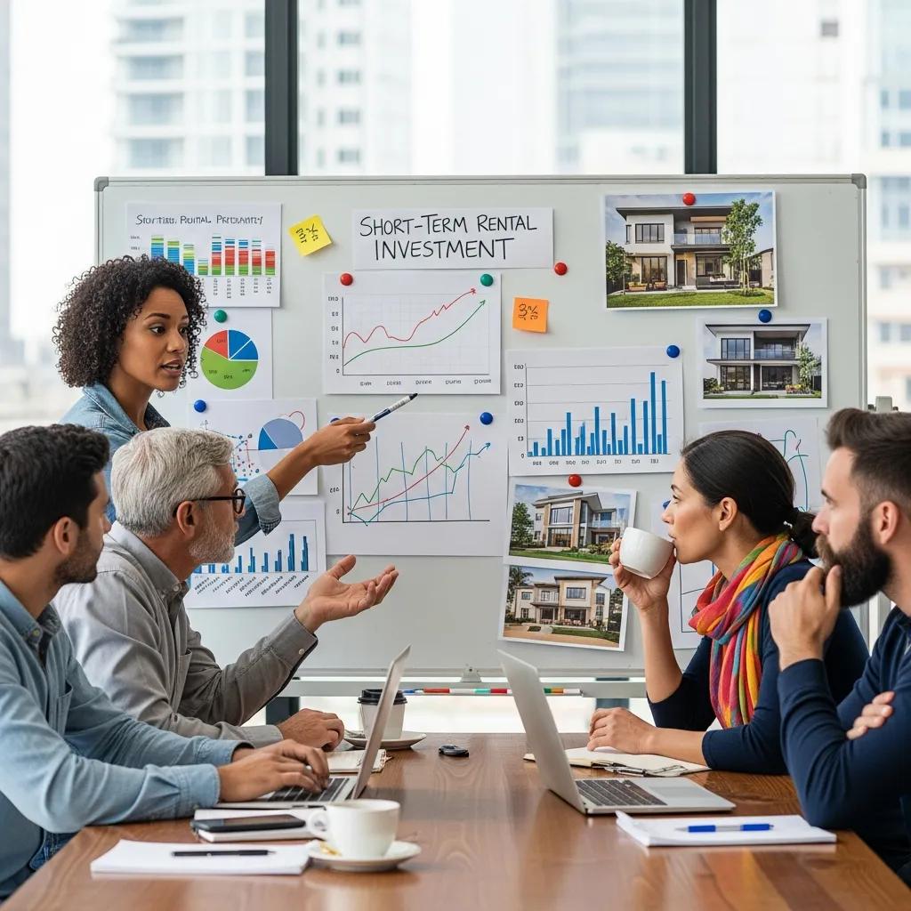 Small group of investors discussing short-term rental strategies around a table