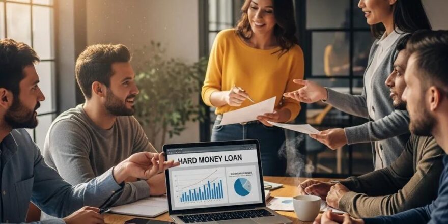 Group of investors discussing hard money loans in a modern office