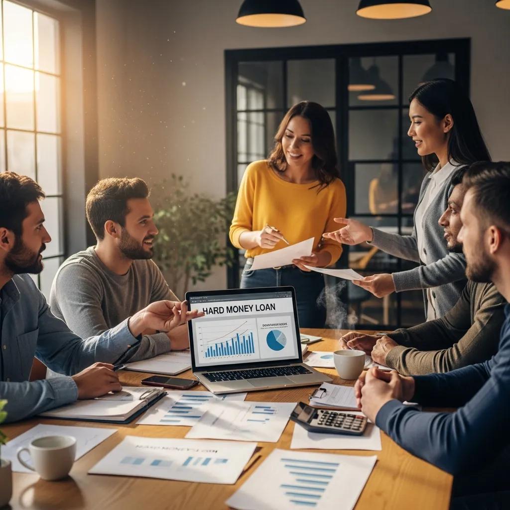 Group of investors discussing hard money loans in a modern office