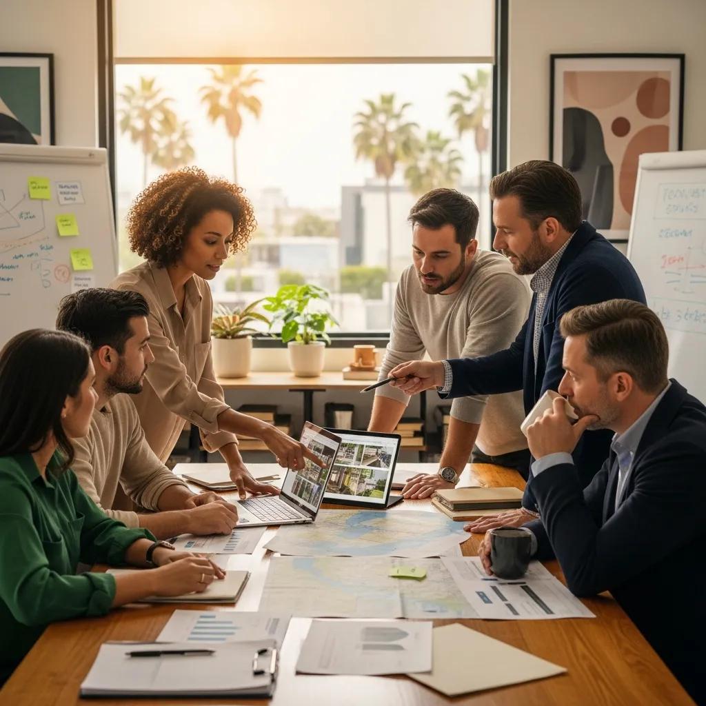 Group of real estate investors collaborating in a bright office, emphasizing teamwork in California's hard money loan market
