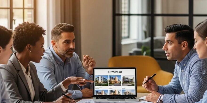 Group of real estate investors collaborating in a modern office, discussing risk mitigation strategies