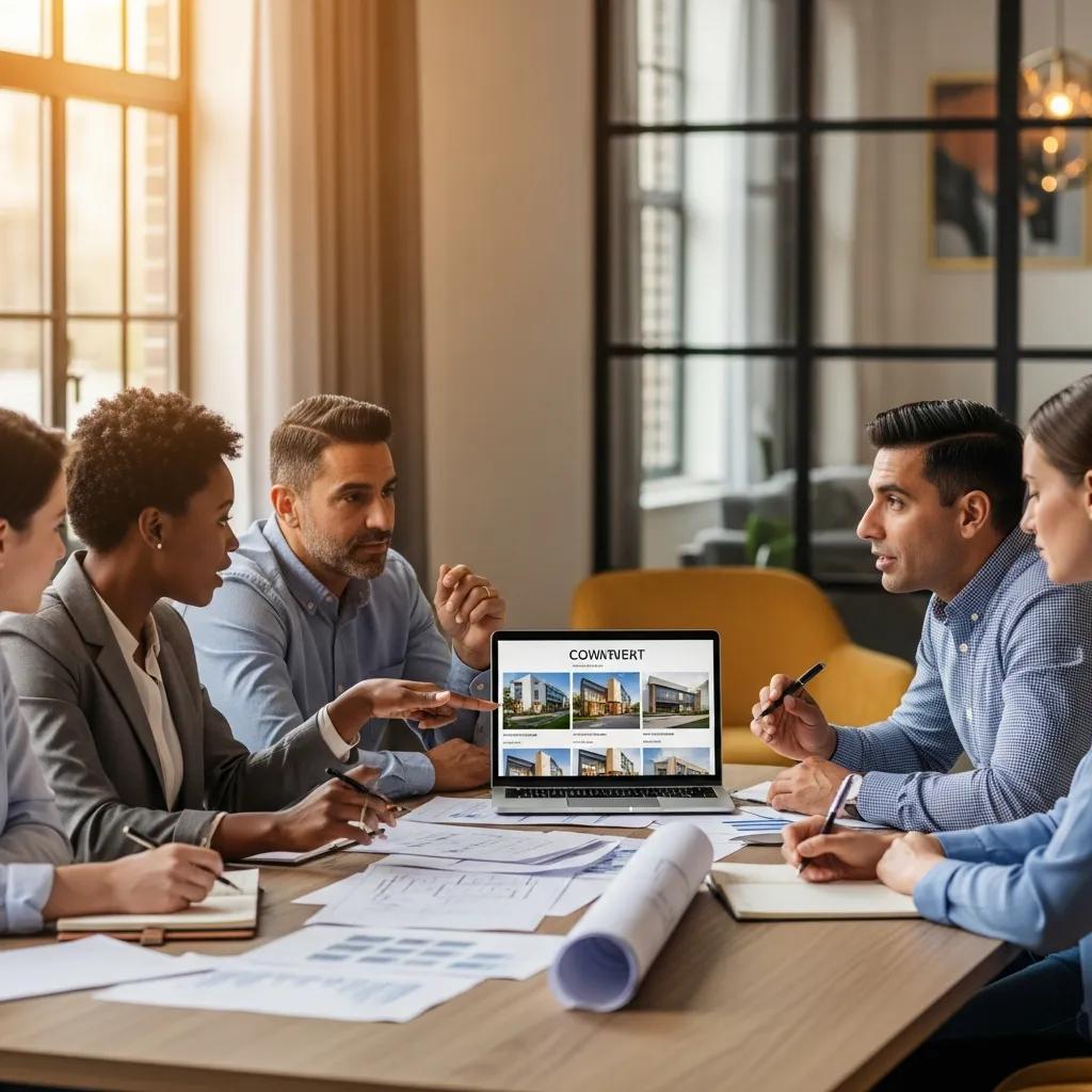 Group of real estate investors collaborating in a modern office, discussing risk mitigation strategies