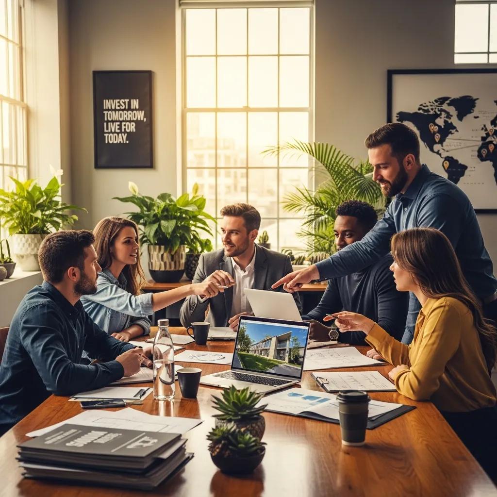 Group of real estate investors collaborating on a business plan in a cozy office setting