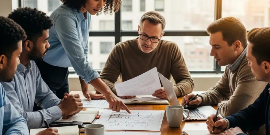 Group of real estate investors collaborating on commercial hard money loans in a modern office