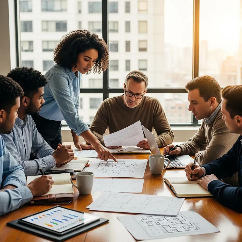 Group of real estate investors collaborating on commercial hard money loans in a modern office