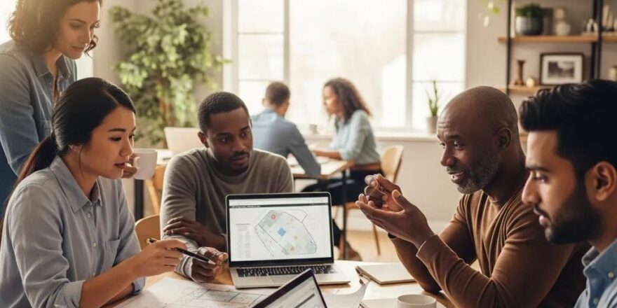 Group of real estate investors collaborating on commercial land development plans