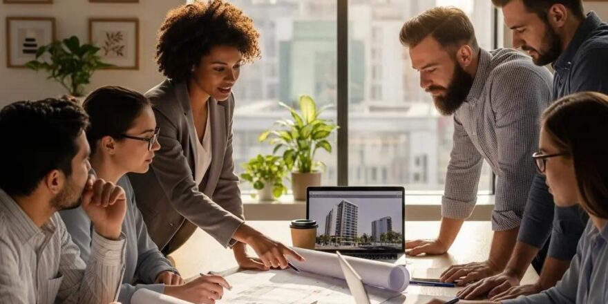 Group of real estate investors collaborating on construction plans in a modern office