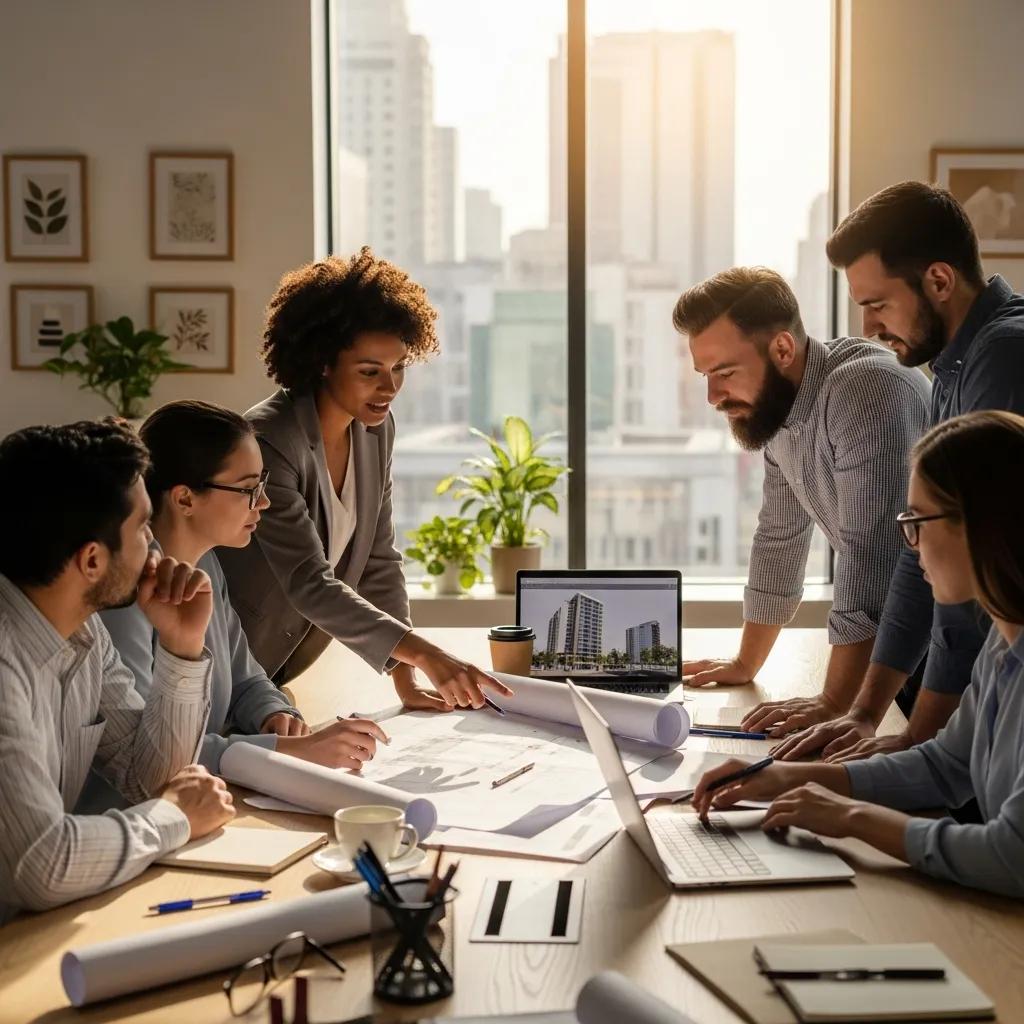 Group of real estate investors collaborating on construction plans in a modern office