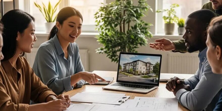 Group of real estate investors collaborating on multi-family hard money loans in a modern office