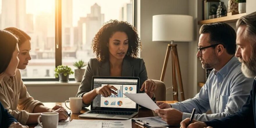 Group of real estate investors discussing hard money lending in a modern office