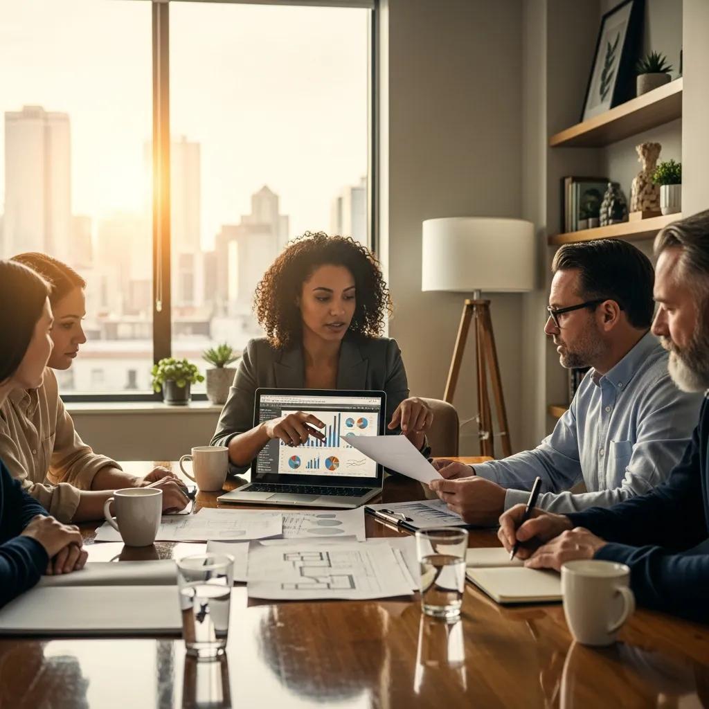 Group of real estate investors discussing hard money lending in a modern office
