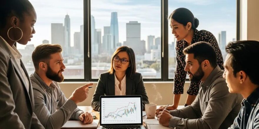 Group of real estate investors discussing hard money lending in a modern office