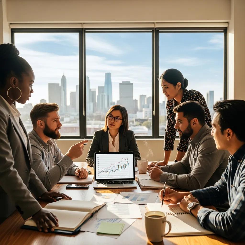 Group of real estate investors discussing hard money lending in a modern office