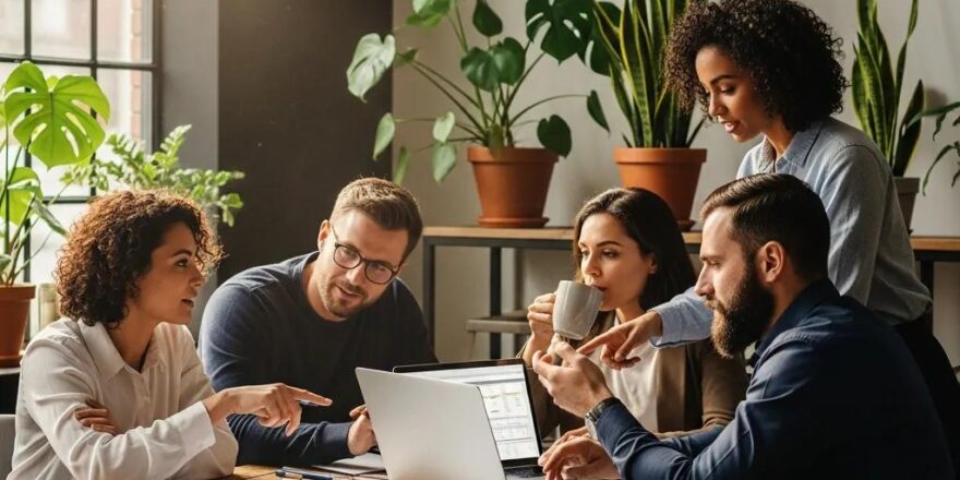 Group of real estate investors discussing hard money loan qualifications in a cozy office setting