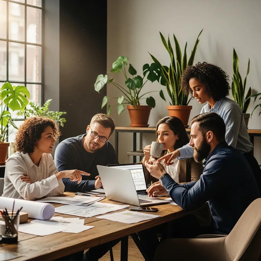 Group of real estate investors discussing hard money loan qualifications in a cozy office setting