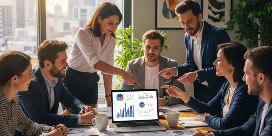 Group of real estate investors discussing property plans in a modern office