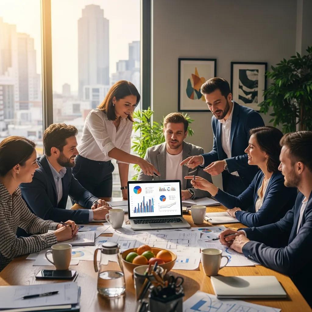 Group of real estate investors discussing property plans in a modern office
