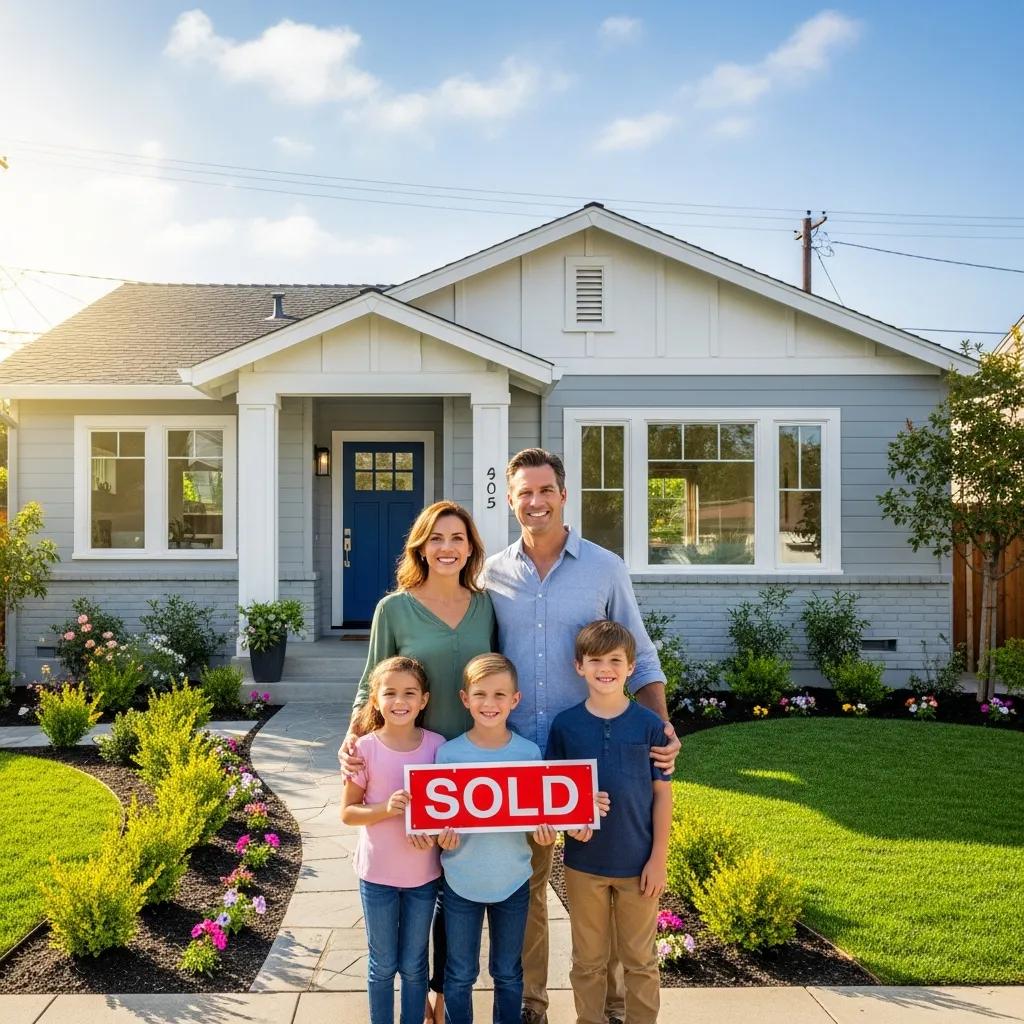 Homeowners standing in front of a renovated house after securing financing