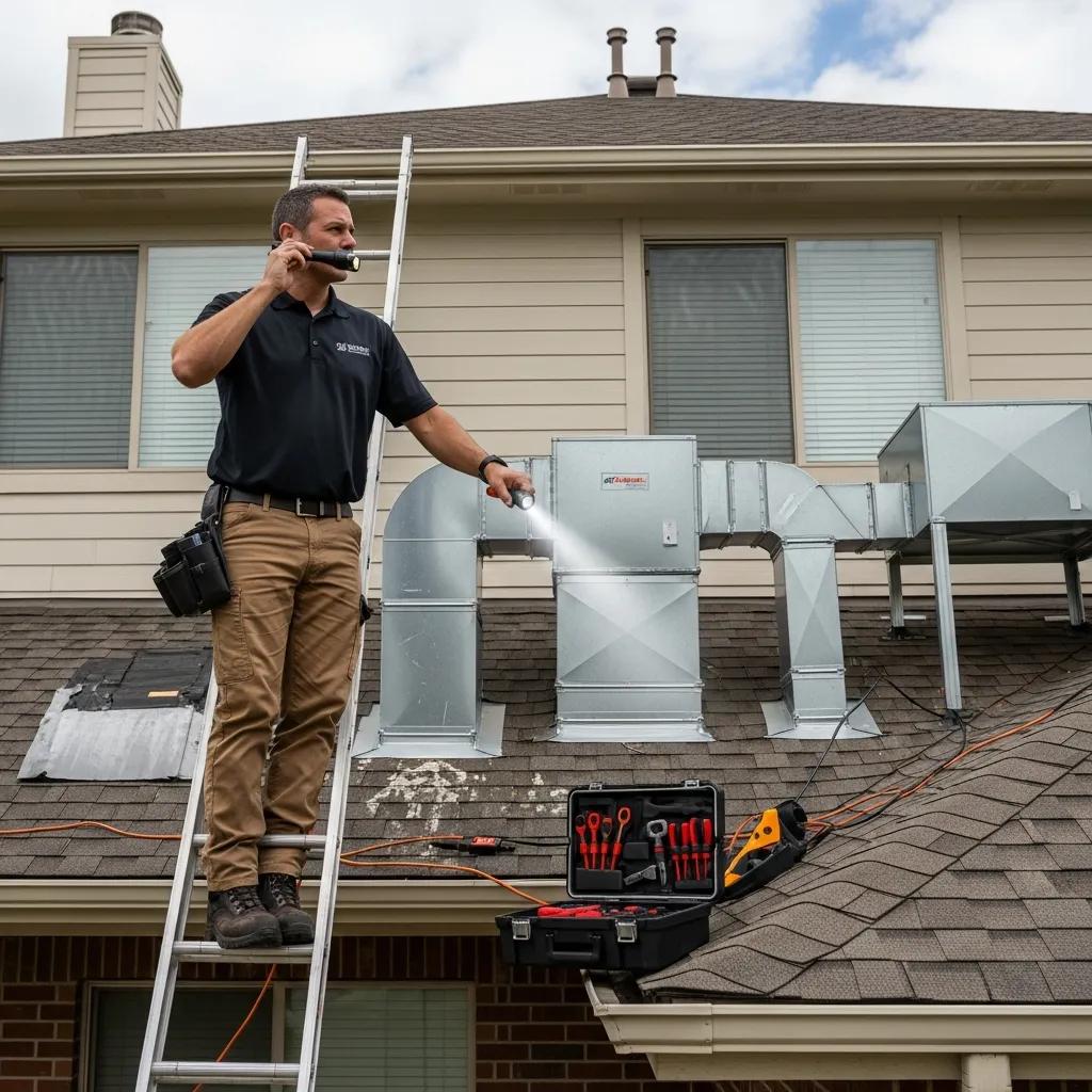 Inspector checking roof and HVAC during a property inspection