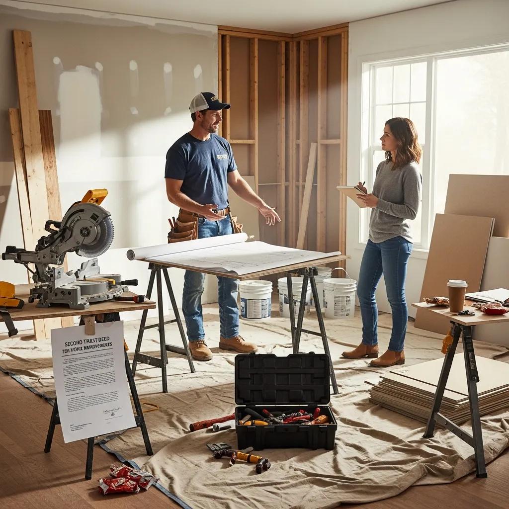 Homeowner and contractor going over renovation plans in a living room