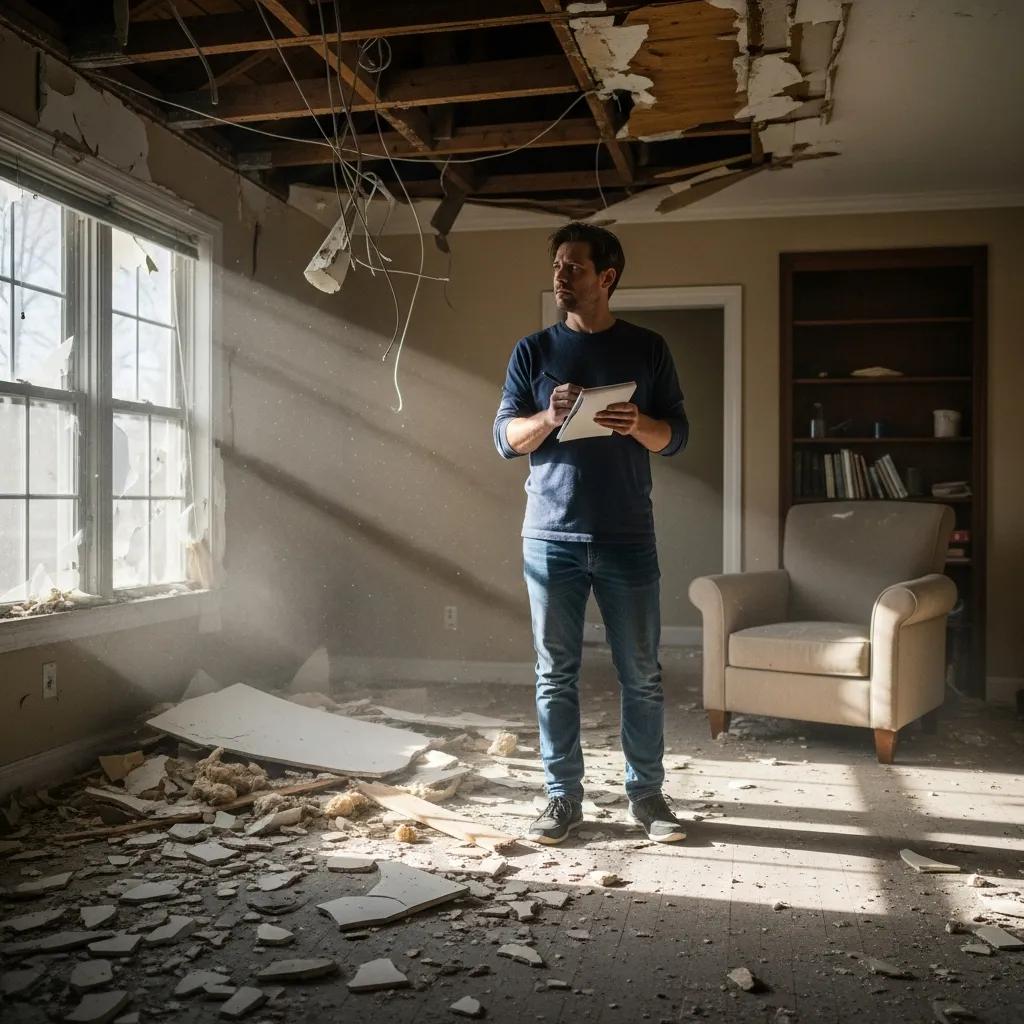 Homeowner assessing property damage and preparing emergency repair financing