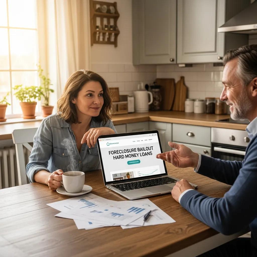 Homeowner discussing foreclosure bailout loans with advisor in a cozy kitchen setting