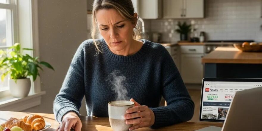 Homeowner reviewing hard money loan documents at a kitchen table with a laptop and coffee