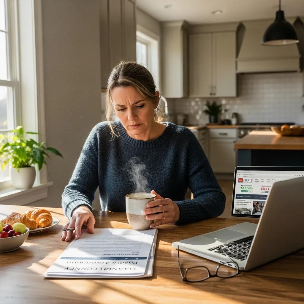 Homeowner reviewing hard money loan documents at a kitchen table with a laptop and coffee