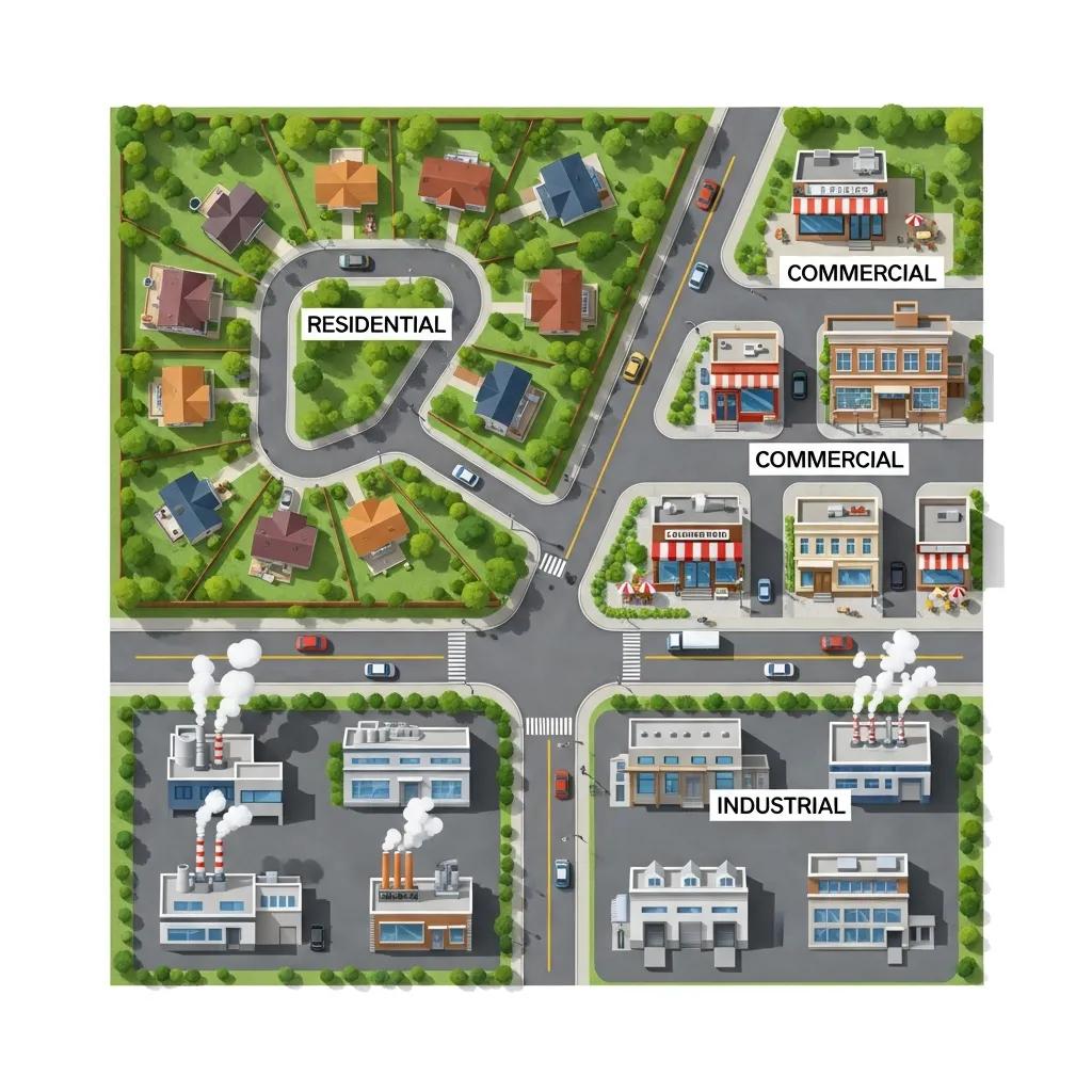 Diagram showing residential, commercial, industrial, and mixed‑use zoning areas