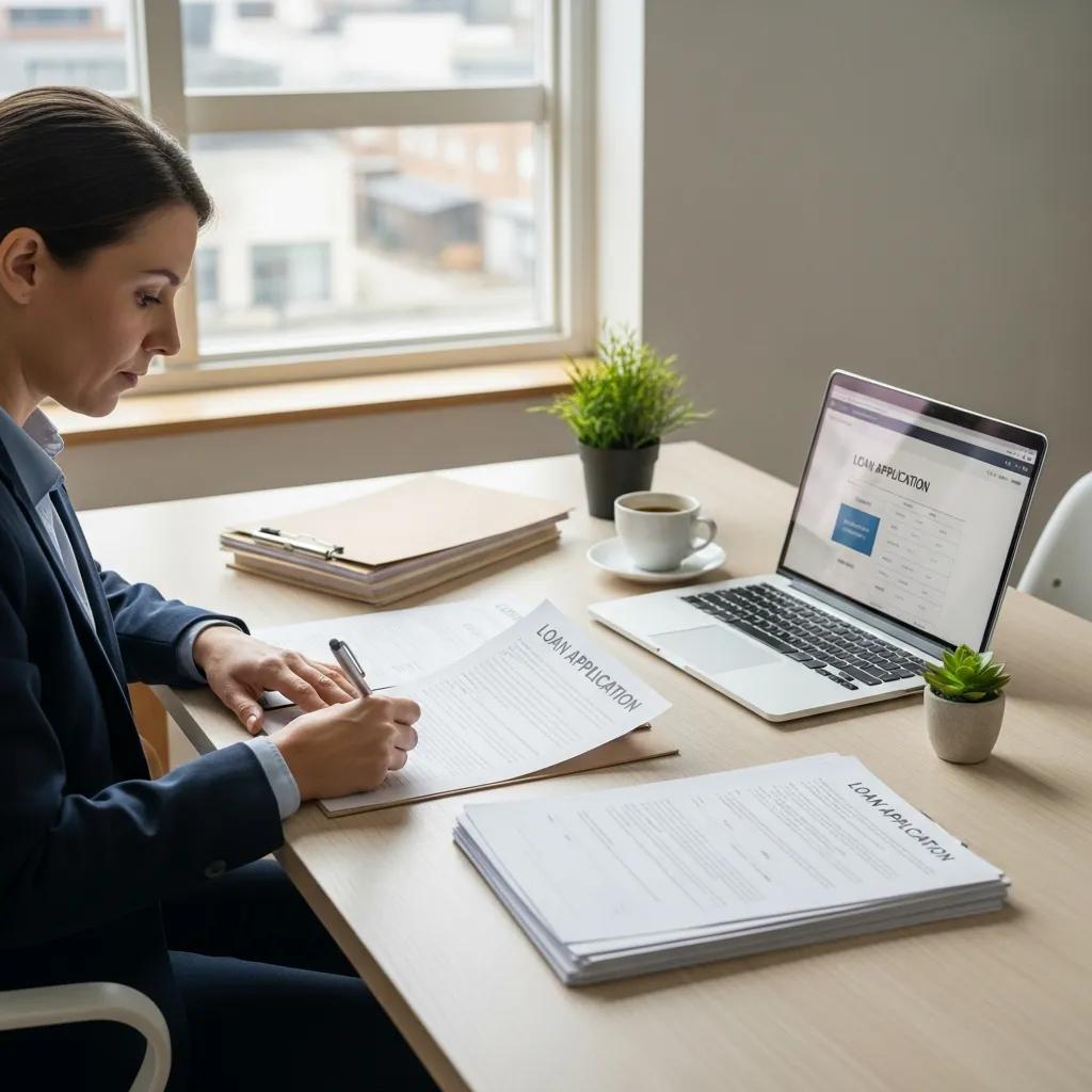 Borrower completing a loan application at a desk with documents and a laptop