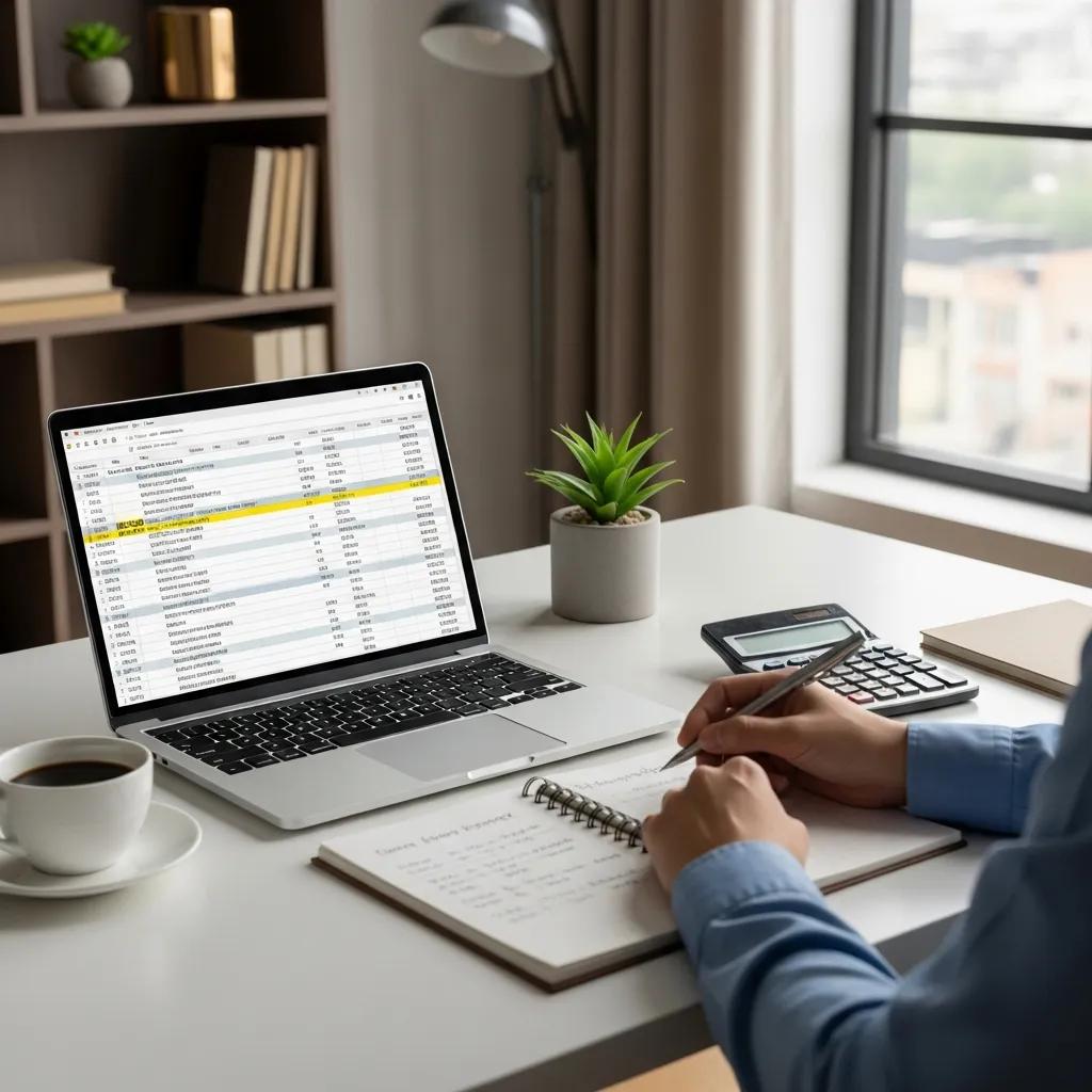 Investor reviewing rental property loan options at a home office, focused on financial planning